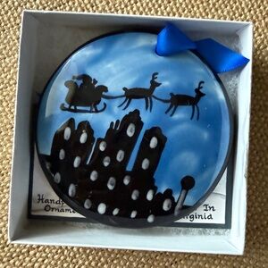 Nola Watkins Hand-Painted Ornament – Santa Sleigh Over City, With Box